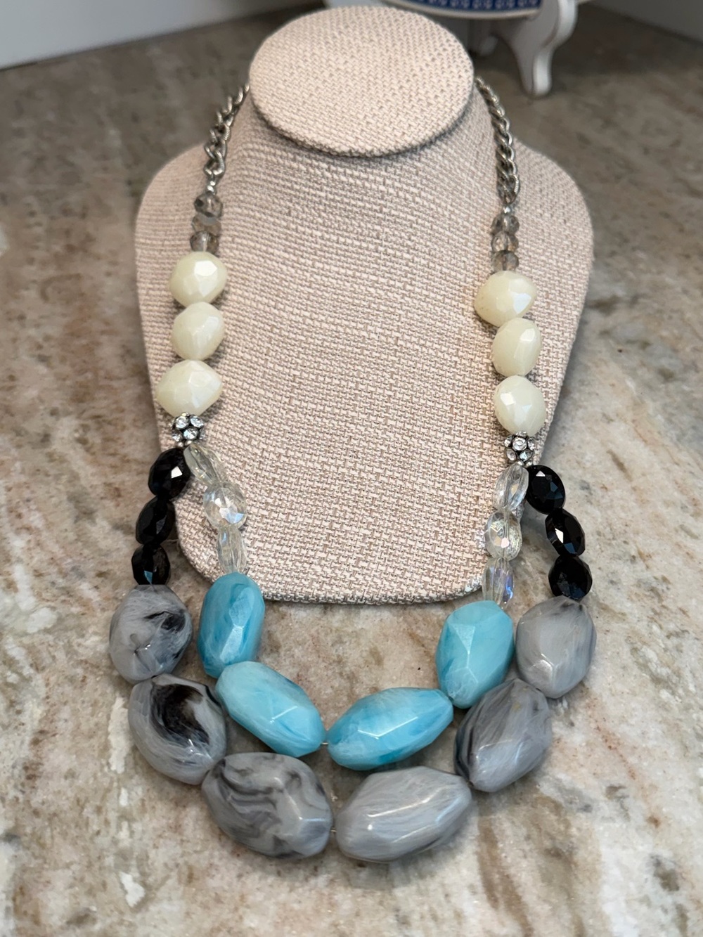 Statement Women's Beaded Necklace in Blue, Gray, Cream & Black